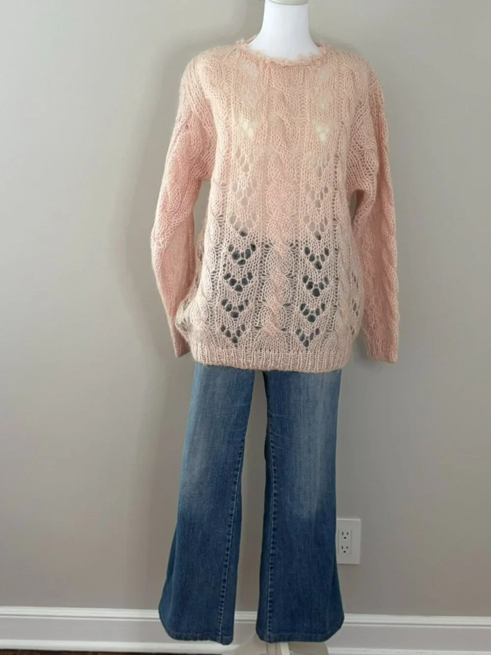 From Iris Pink Chunky Cable Knit Sweater Openwork Lace Mohair Style Oversized